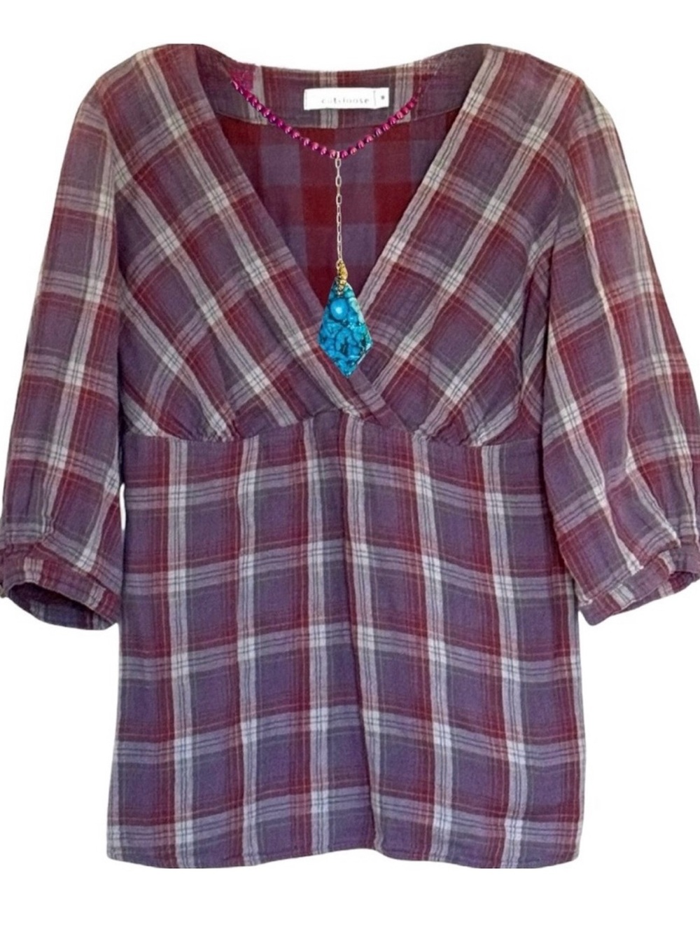 Cut Loose Burgundy and Gray Crinkle Lightweight Flannel Plaid Top Size Medium